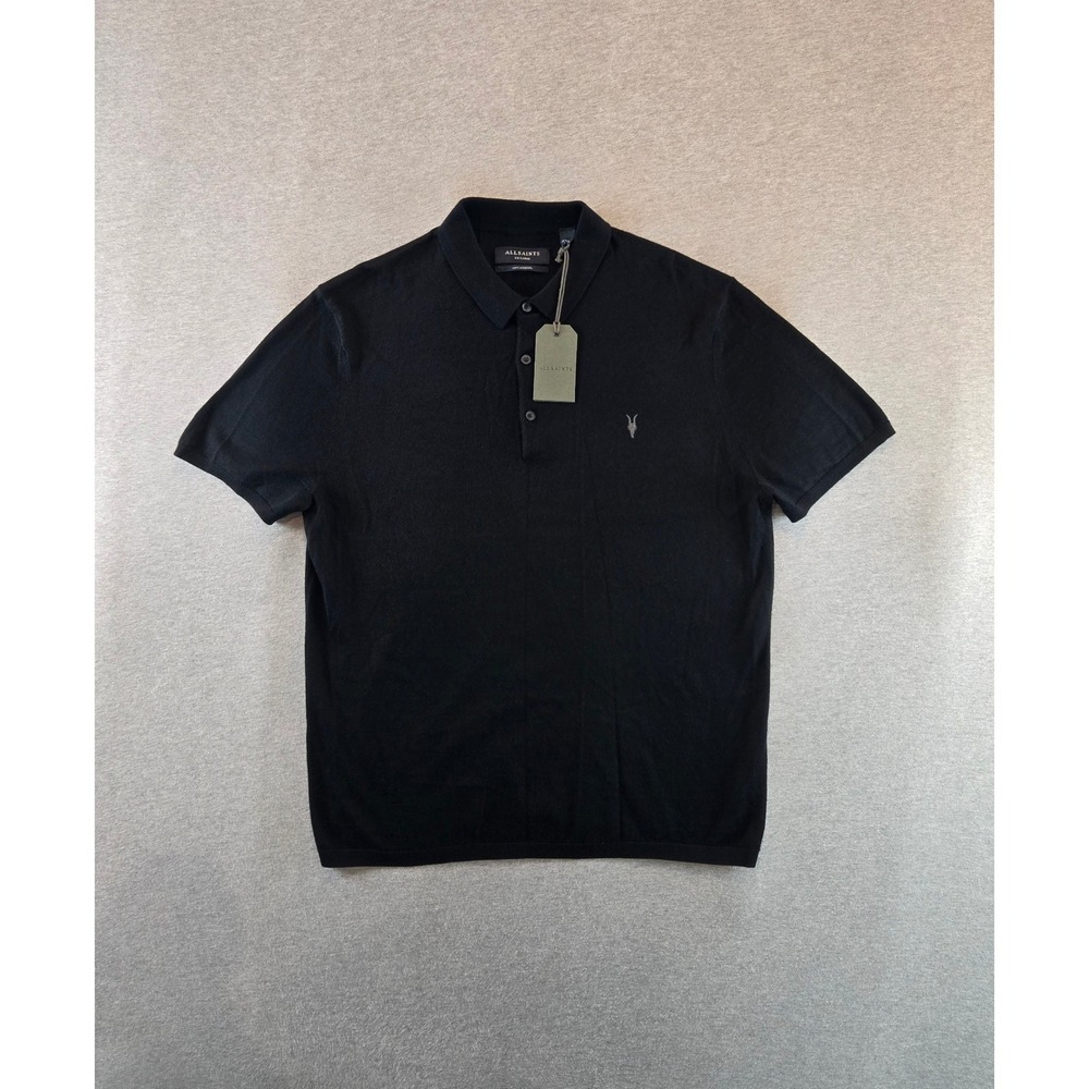 All Saints Polo Shirt Mens XXL Black Mode Merino Short Sleeve Ramskull Knit NEW!
